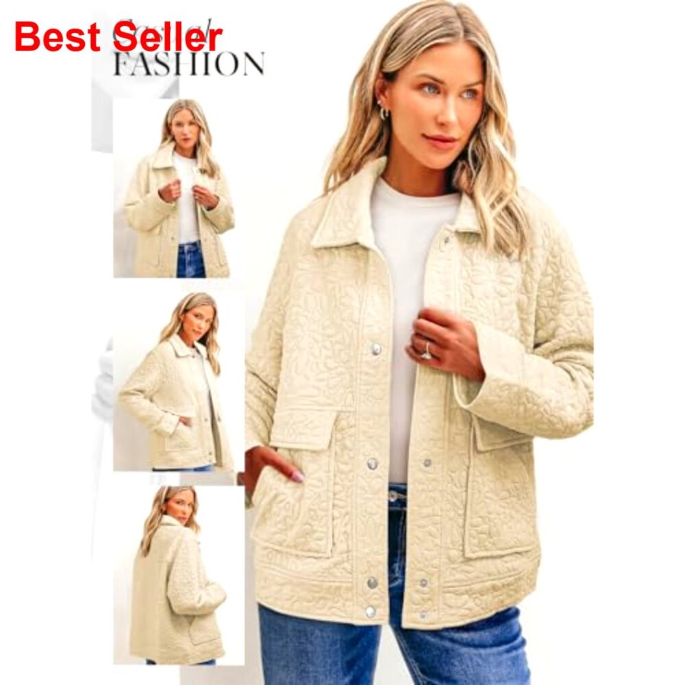 Women's Jacquard Button-Down Shacket Jacket with Pockets, Long Sleeve Casual - Picture 4 of 7
